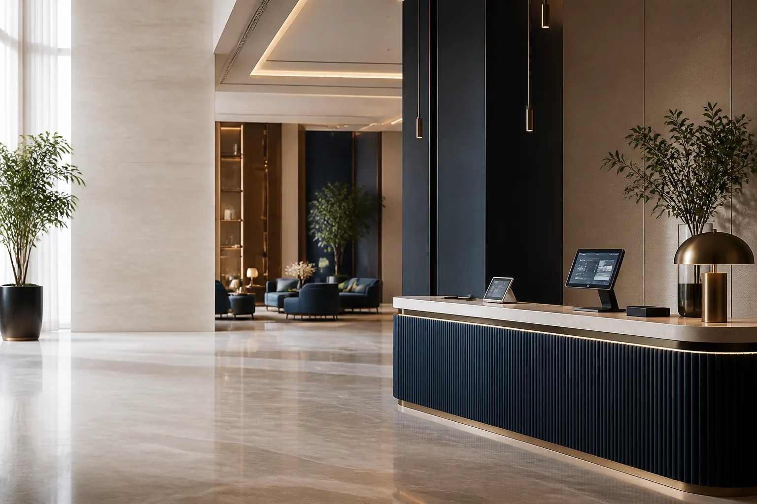 Eigentijdse hotellobby voorbereid met geïntegreerde technologie